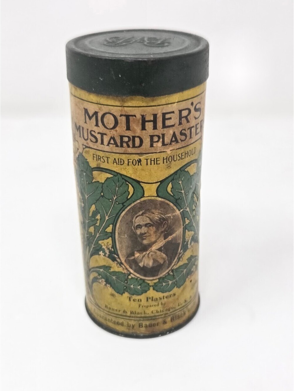1909 Mother's Mustard Plasters Tin Spanish English Label Bauer Black Cylinder